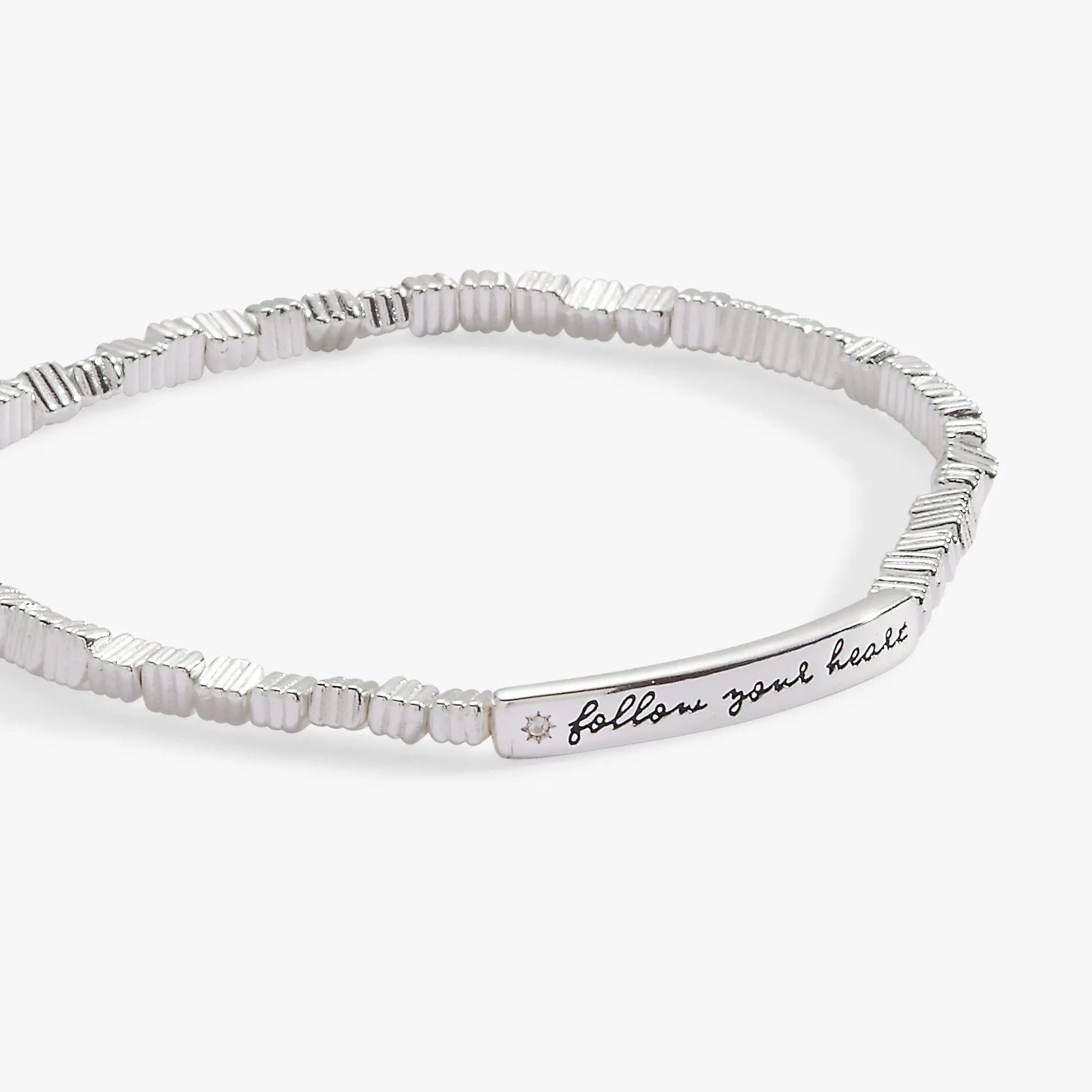 Follow Your Heart Stretch Bracelet silver-tone with ribbed beads and engraved plate on Tampa Home & Garden Store