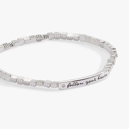 Follow Your Heart Stretch Bracelet silver-tone with ribbed beads and engraved plate on Tampa Home & Garden Store