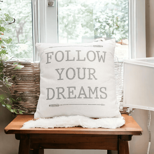 Follow Your Dreams throw pillow with gray typography on white fabric tribal design on Tampa Home & Garden Store