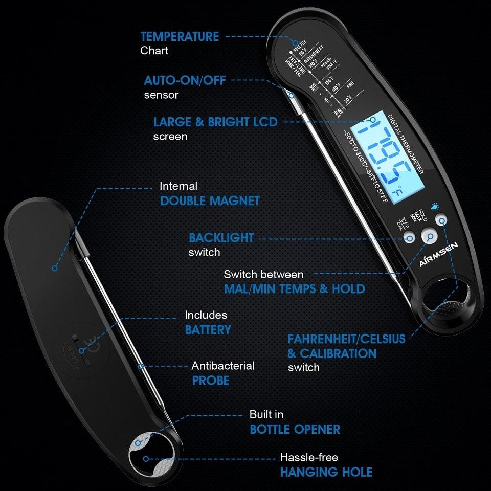 Two Stevvex waterproof digital meat thermometers with blue backlit LCDs for BBQ grill smoker on Tampa Home & Garden Store