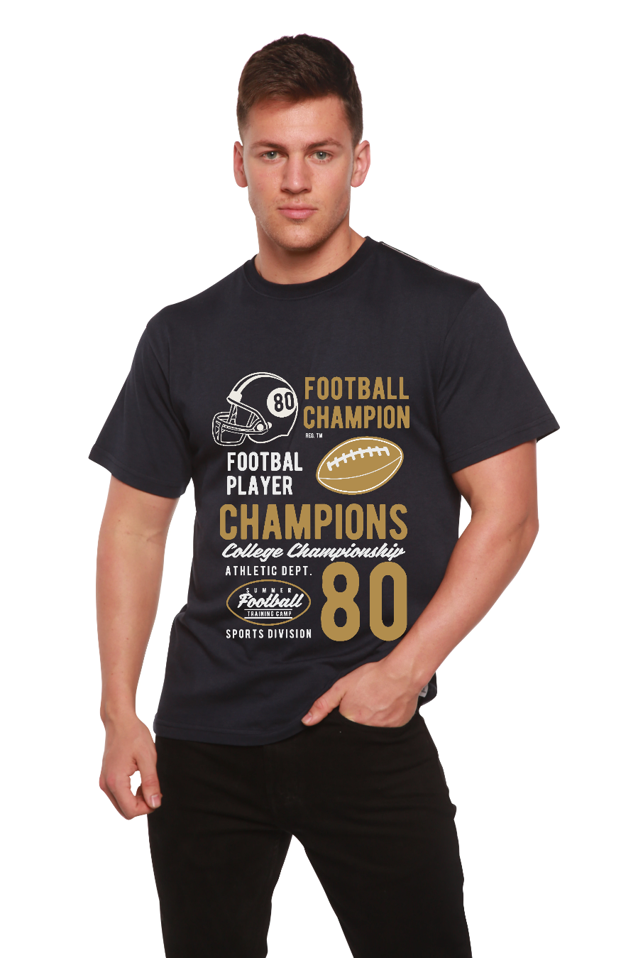 Football Champions men's bamboo viscose cotton navy T-shirt with football helmet and 80 on Tampa Home & Garden Store