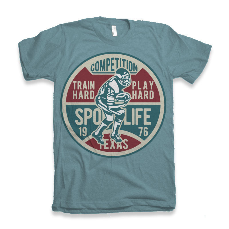 Men's teal Football Competition T-shirt short sleeve by Spun Bamboo with retro football logo on Tampa Home & Garden Store