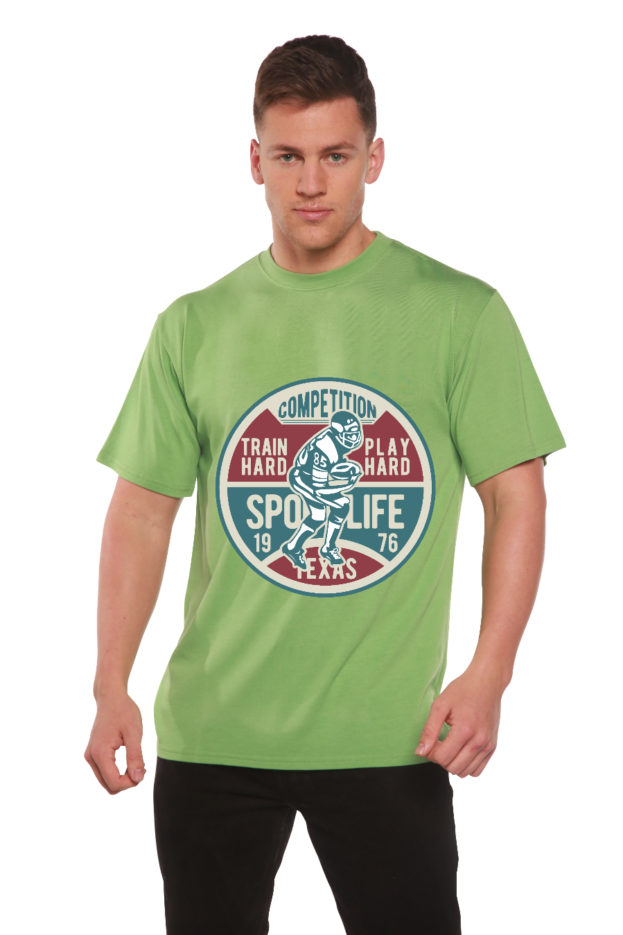 Football Competition men's T-shirt in lime green with vintage football graphic by Spun Bamboo on Tampa Home & Garden Store