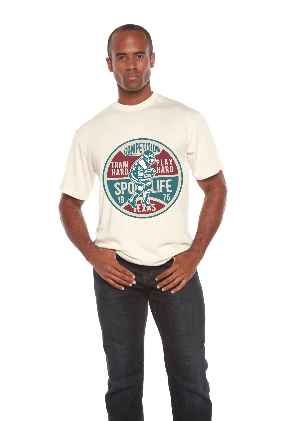 Football Competition bamboo tee with teal maroon sports graphic, cream shirt by Spun Bamboo on Tampa Home & Garden Store