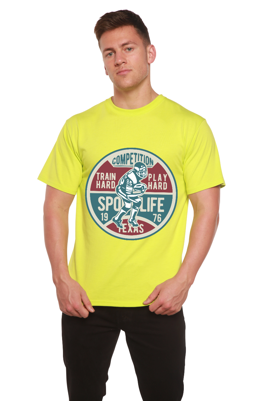 Football Competition men's neon yellow graphic T-shirt by Spun Bamboo with football logo on Tampa Home & Garden Store