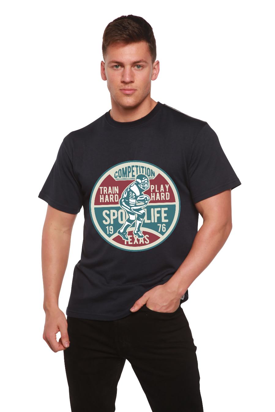 Spun Bamboo men's navy printed football competition T-shirt with circular vintage graphic on Tampa Home & Garden Store