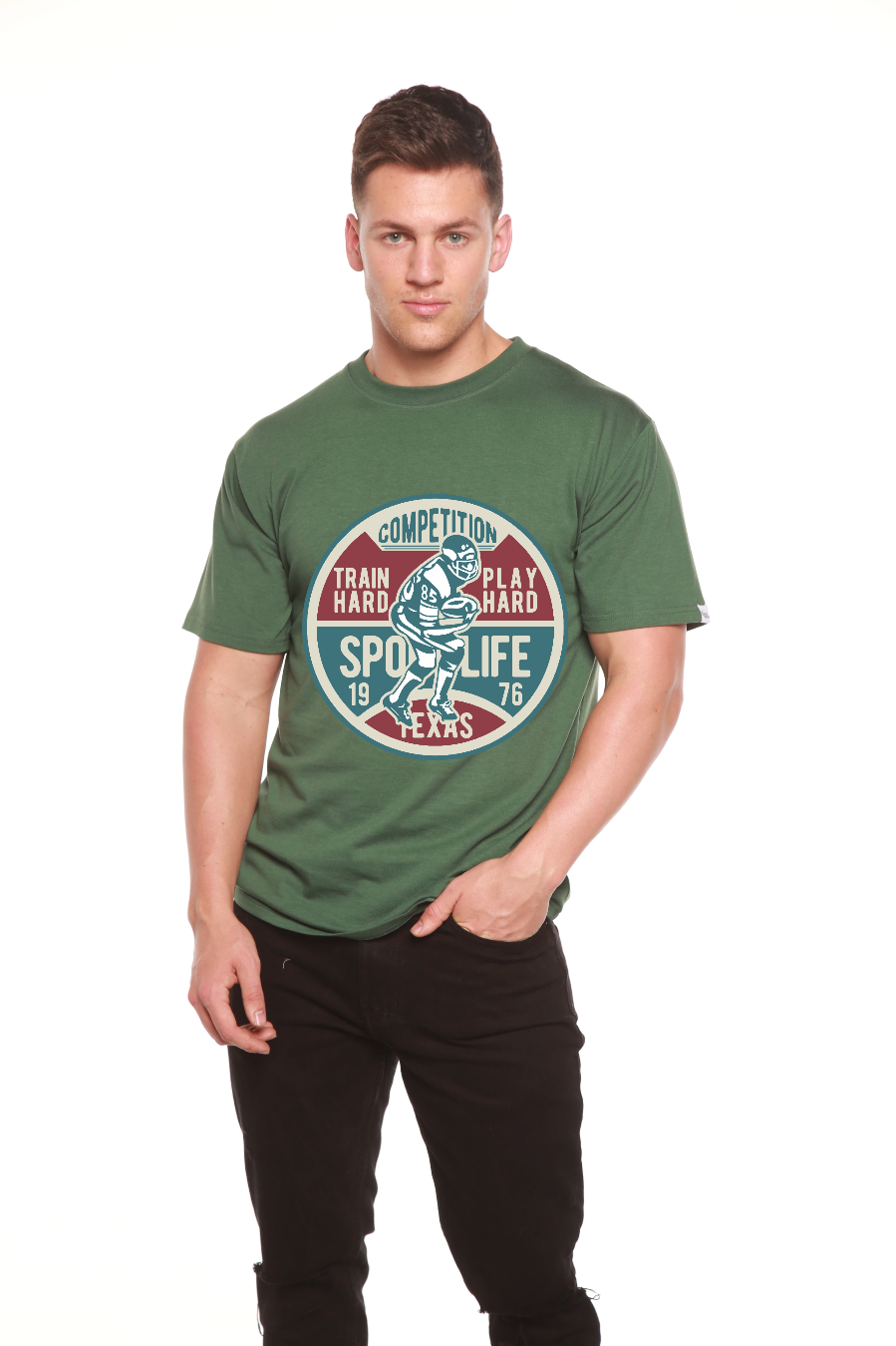 Football Competition bamboo viscose/organic cotton tee in olive green with retro football logo on Tampa Home & Garden Store