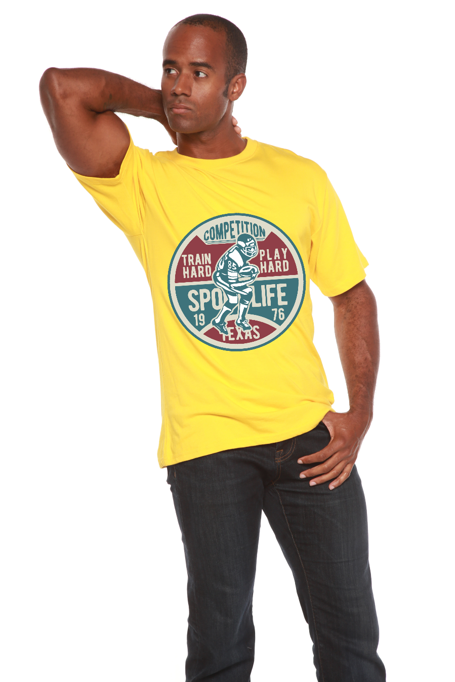 Football Competition men's graphic T-shirt in yellow by Spun Bamboo bamboo viscose/organic cotton on Tampa Home & Garden Store