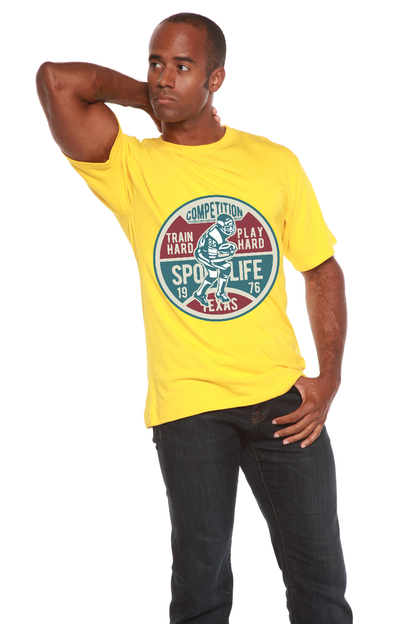 Football Competition men's graphic T-shirt in yellow by Spun Bamboo bamboo viscose/organic cotton on Tampa Home & Garden Store