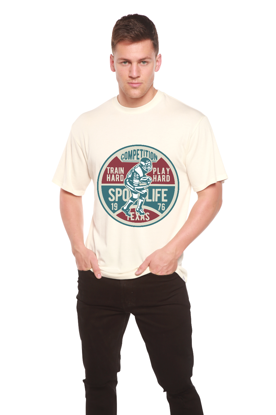 Men's football competition graphic short sleeve T-shirt in beige bamboo viscose by Spun Bamboo on Tampa Home & Garden Store