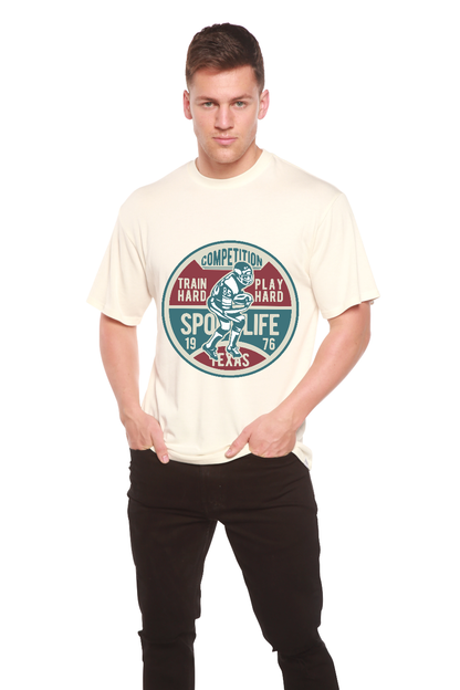 Men's football competition graphic short sleeve T-shirt in beige bamboo viscose by Spun Bamboo on Tampa Home & Garden Store