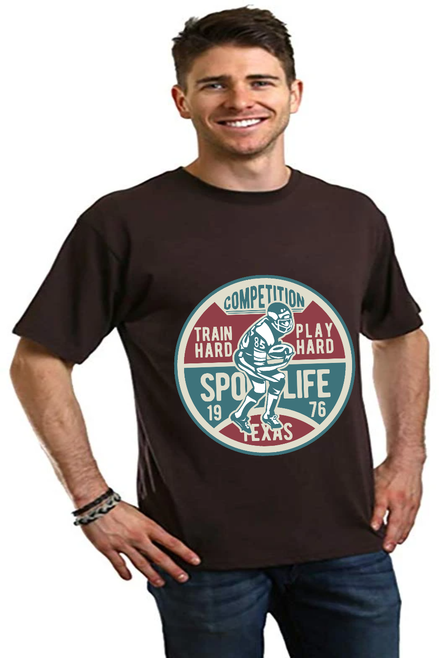 Football Competition men's bamboo viscose/organic cotton graphic tee in brown with round emblem on Tampa Home & Garden Store