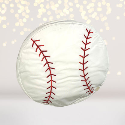 Round white sports plush throw pillow with red baseball-style seam embroidery on Tampa Home & Garden Store