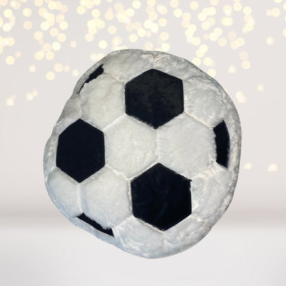 Sports plush throw pillow soccer ball design in silver gray with black patches on Tampa Home & Garden Store