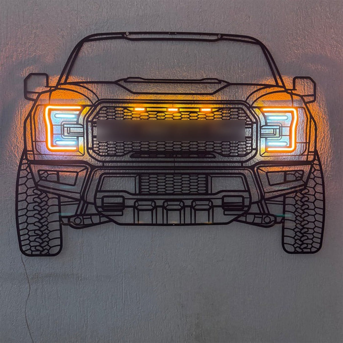 F-150 front view metal neon wall art by Modello Turbo, orange neon with blue headlights, on Tampa Home & Garden Store