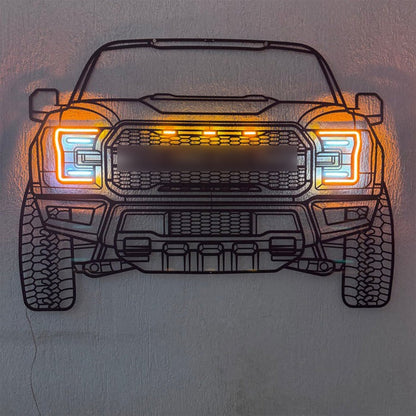 F-150 front view metal neon wall art by Modello Turbo, orange neon with blue headlights, on Tampa Home & Garden Store
