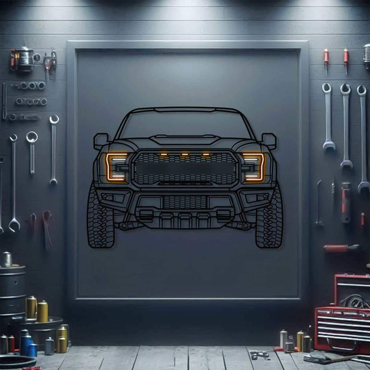 F-150 Front View Metal Neon Car Wall Art by Modello Turbo MTN0089 orange neon headlights on Tampa Home & Garden Store