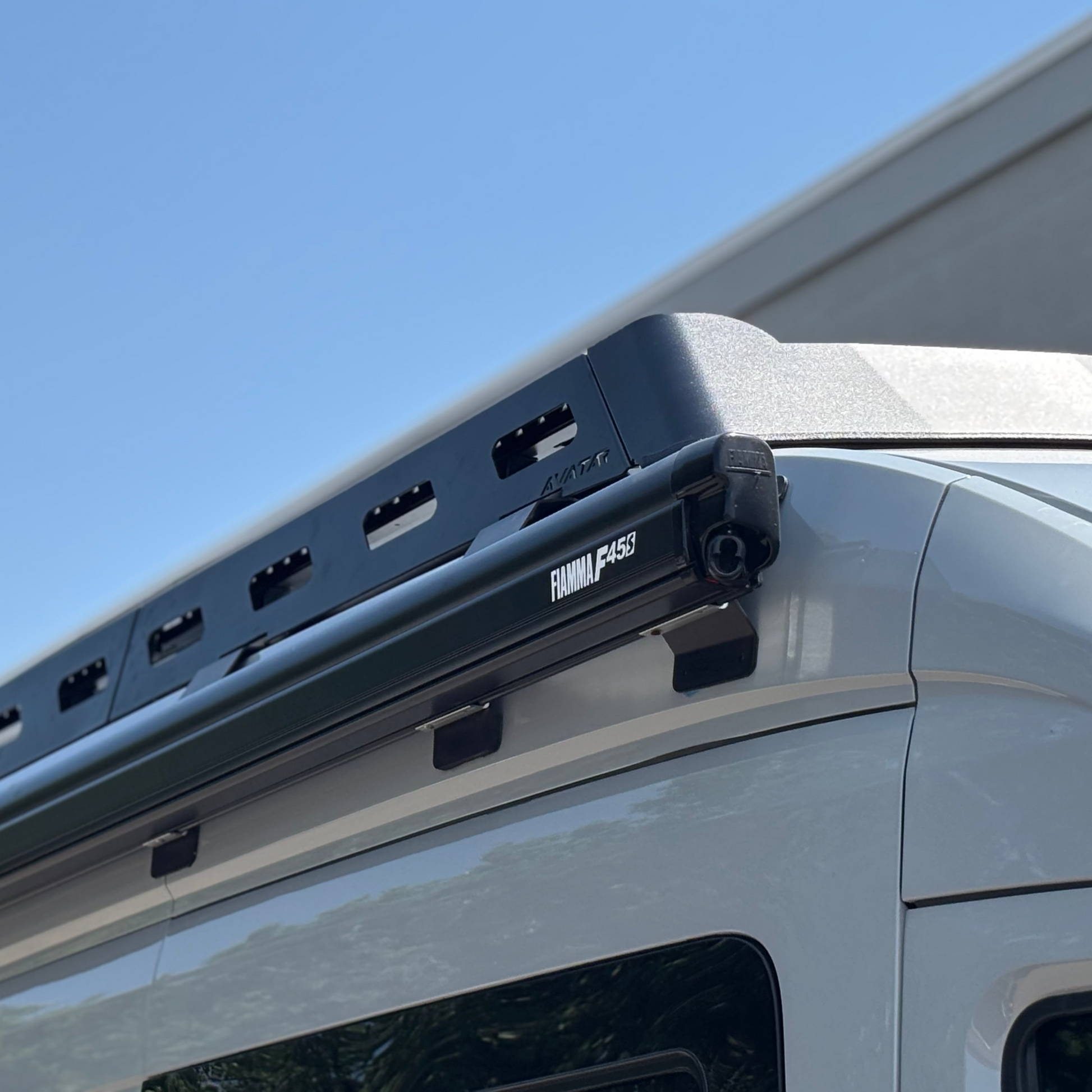 Avatar Pioneer Transit Roof Rack on dark gray metal with FIAMMA F45S label on Tampa Home & Garden Store