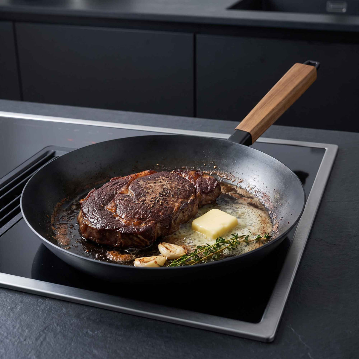 Carbon Steel Frying Pan Alva Cookware with wooden handle cooking steak in butter and herbs on Tampa Home & Garden Store