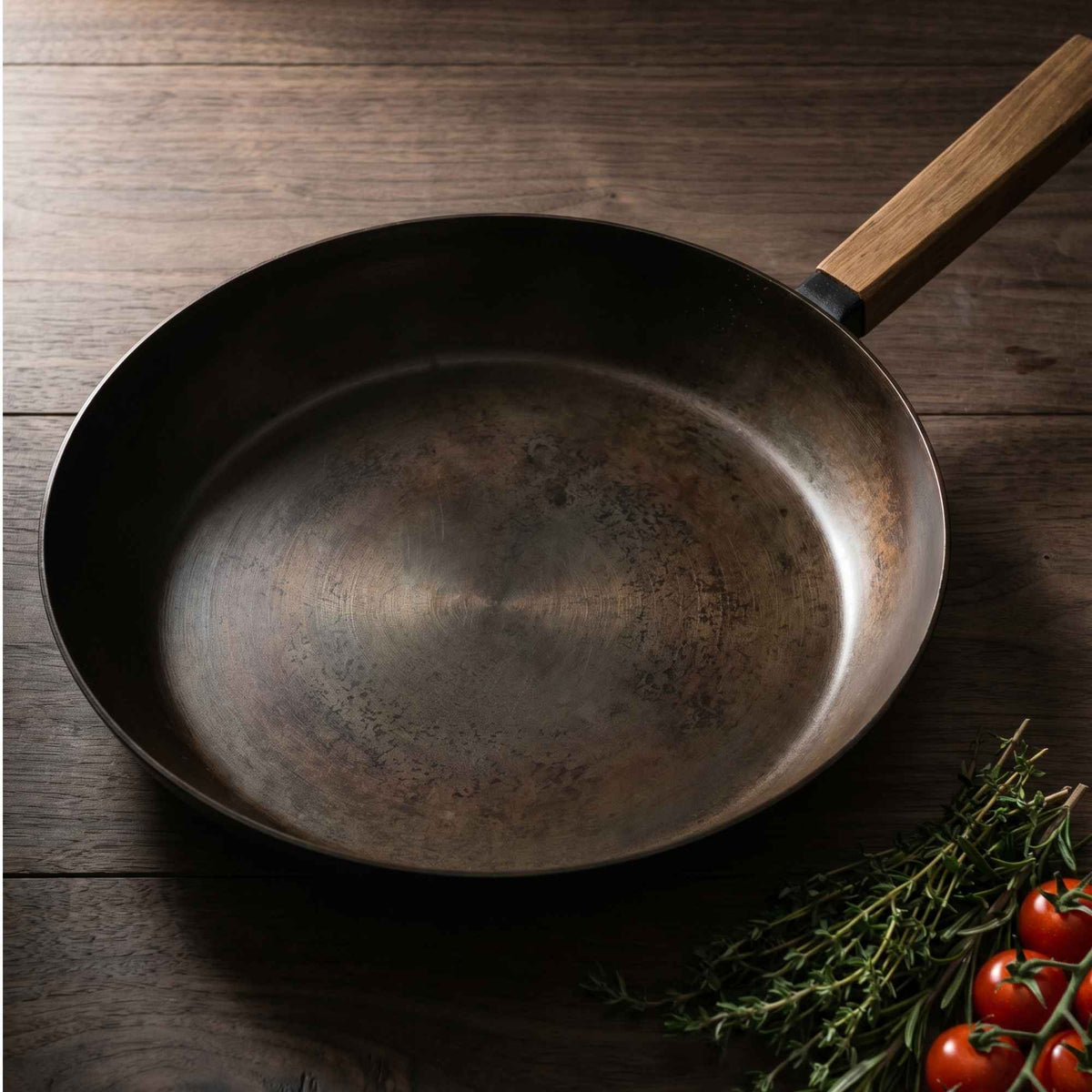 Alva Cookware carbon steel frying pan with wooden handle on dark wood surface on Tampa Home & Garden Store