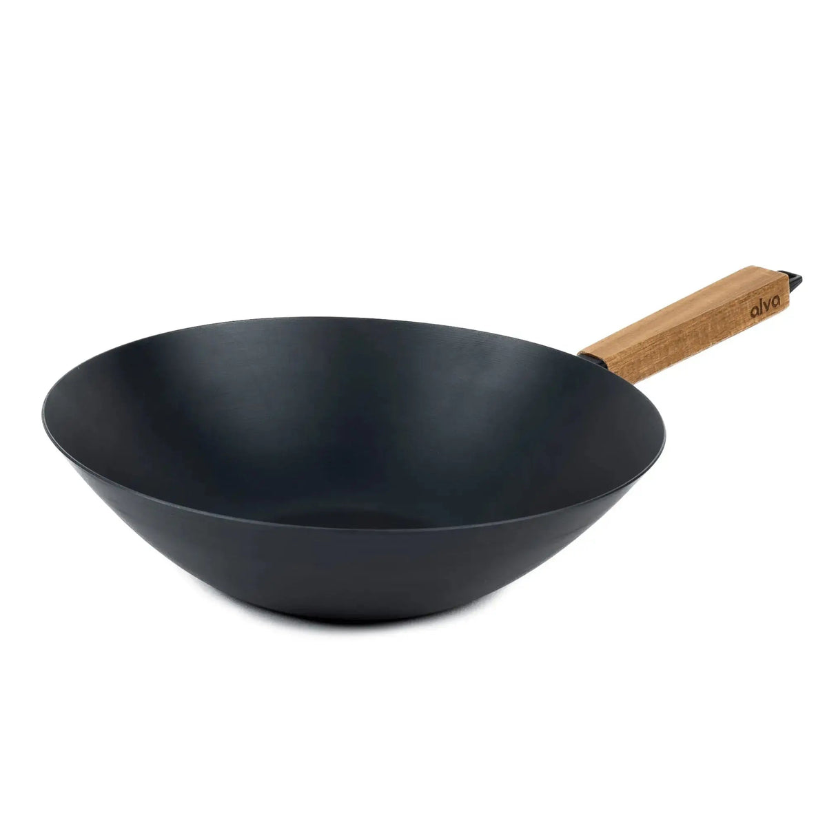 Carbon steel wok 12 inch with wooden handle by Alva Cookware, black wok on Tampa Home & Garden Store