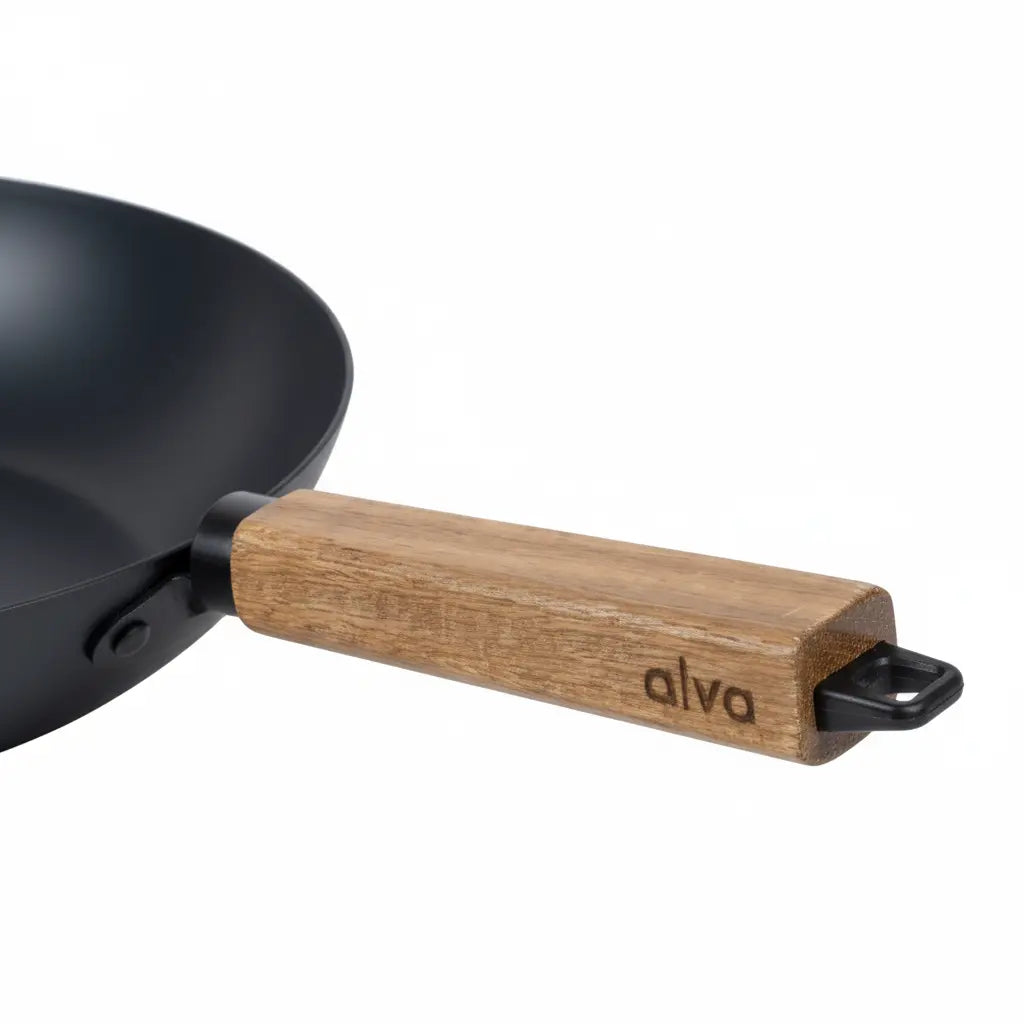 Carbon steel wok 12 inch with wooden handle, Alva Cookware branding on handle on Tampa Home & Garden Store