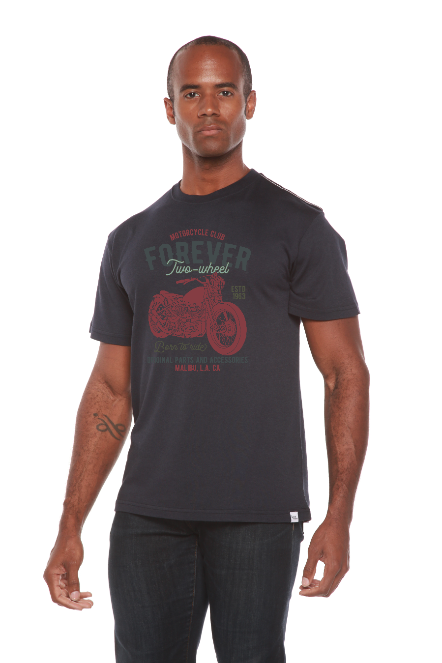 FOREVER TWO WHEEL men's navy graphic T-shirt with motorcycle print by Spun Bamboo on Tampa Home & Garden Store