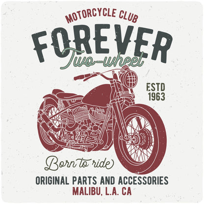 Men's FOREVER TWO WHEEL graphic T-shirt by Spun Bamboo with a maroon motorcycle motif on a light background on Tampa Home & Garden Store
