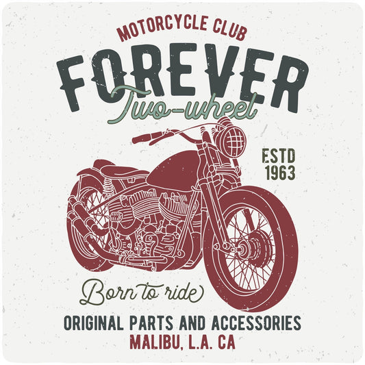 Men's FOREVER TWO WHEEL graphic T-shirt by Spun Bamboo with a maroon motorcycle motif on a light background on Tampa Home & Garden Store