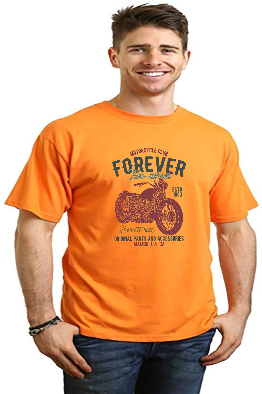 Men's orange bamboo viscose/organic cotton graphic tee with Forever Two-Wheel print on Tampa Home & Garden Store