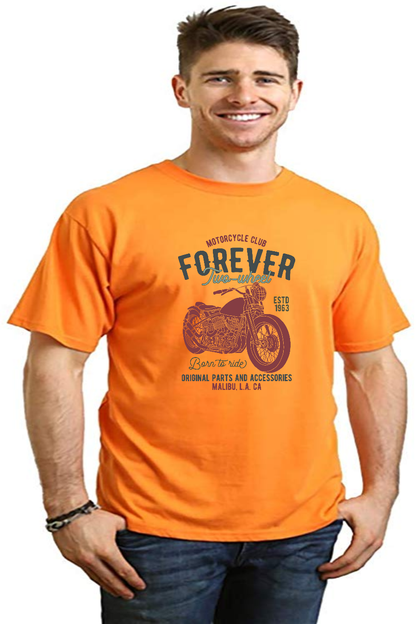 Men's orange bamboo viscose/organic cotton graphic tee with Forever Two-Wheel print on Tampa Home & Garden Store