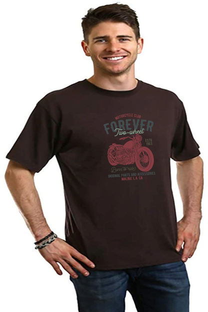 Mens brown bamboo viscose/organic cotton graphic tee with FOREVER Two-Wheel motorcycle print on Tampa Home & Garden Store