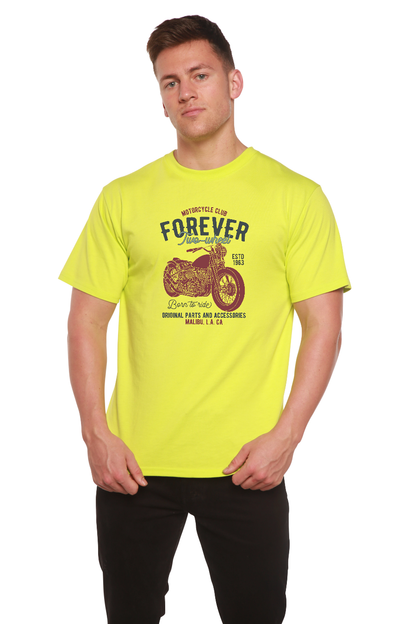 FOREVER TWO WHEEL men's bamboo viscose/organic cotton short sleeve graphic T-shirt neon yellow on Tampa Home & Garden Store