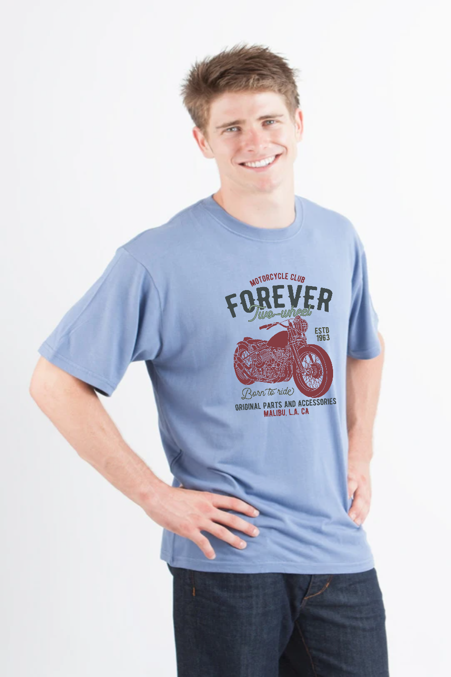 Mens FOREVER TWO WHEEL blue tee with motorcycle print bamboo viscose/organic cotton Spun Bamboo on Tampa Home & Garden Store