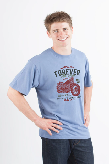 Mens FOREVER TWO WHEEL blue tee with motorcycle print bamboo viscose/organic cotton Spun Bamboo on Tampa Home & Garden Store