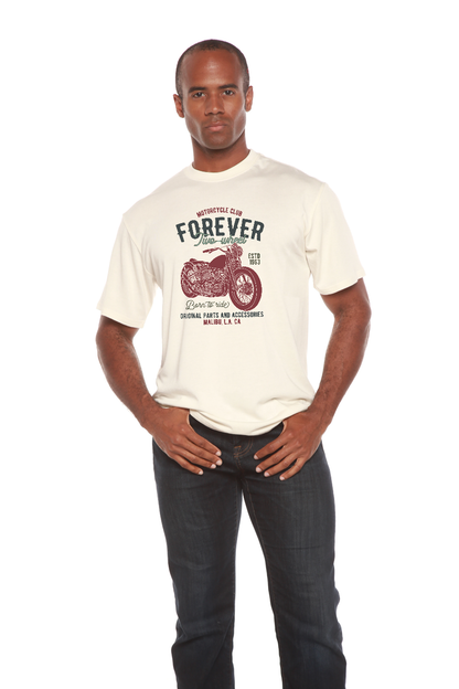 Mens graphic t-shirt FOREVER TWO WHEEL cream bamboo tee with red motorcycle by Spun Bamboo on Tampa Home & Garden Store