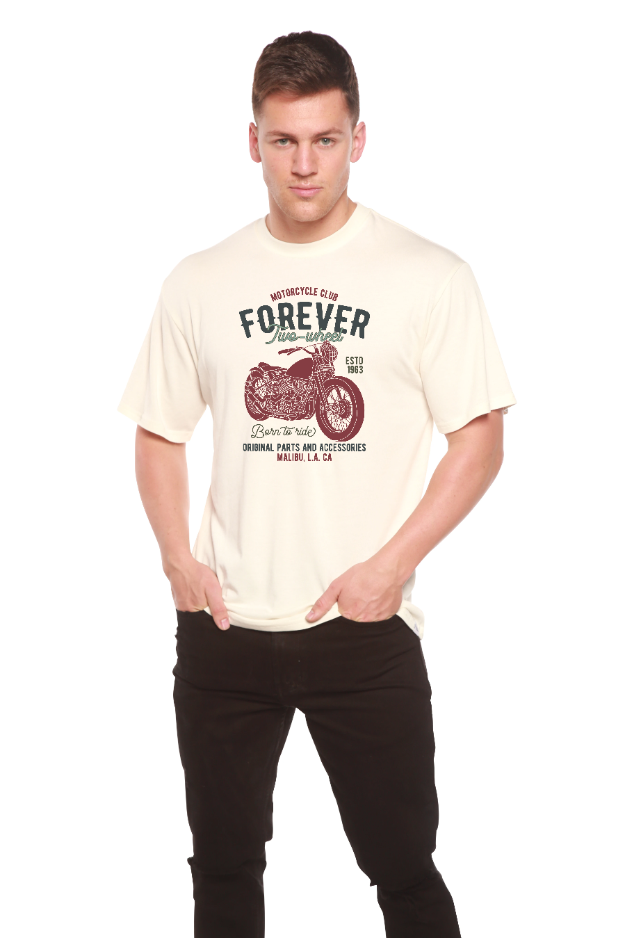 Mens FOREVER TWO WHEEL T-shirt cream bamboo viscose/organic cotton by Spun Bamboo print on Tampa Home & Garden Store