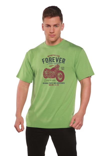 FOREVER TWO WHEEL men's bamboo viscose organic cotton tee lime green with motorcycle print on Tampa Home & Garden Store