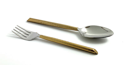 Vibhsa 30-piece gold-toned flatware set with wooden bamboo handles, fork and spoon on Tampa Home & Garden Store