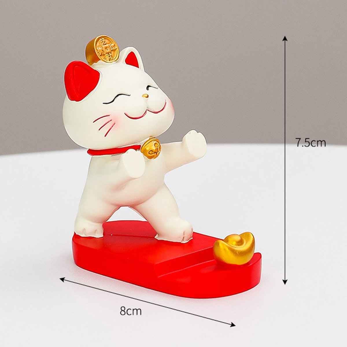 Fortune Cat Phone Stand Shaketea, white Maneki Neko with red ears and gold bell on red base on Tampa Home & Garden Store