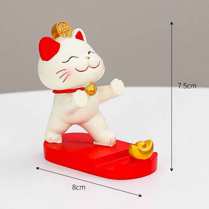 Fortune Cat Phone Stand Shaketea, white Maneki Neko with red ears and gold bell on red base on Tampa Home & Garden Store