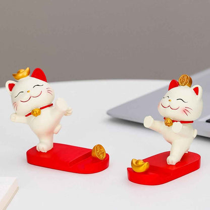 Fortune Cat Phone Stand by Shaketea, white Maneki-Neko figures with red accents on red bases on Tampa Home & Garden Store