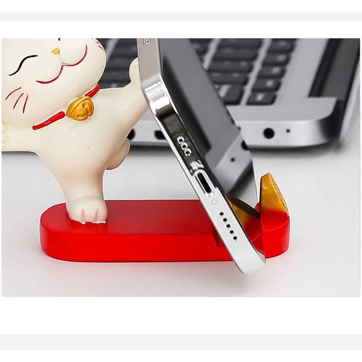 Fortune Cat Phone Stand by Shaketea; Maneki Neko on red base with gold bell, phone holder on Tampa Home & Garden Store