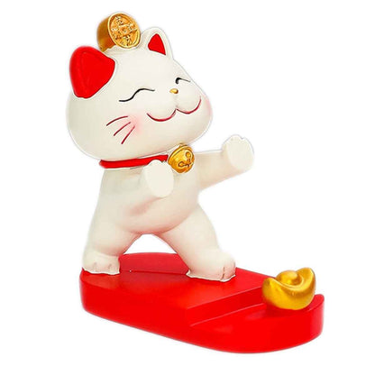 Fortune Cat Phone Stand white Maneki Neko on red base with gold coin on Tampa Home & Garden Store