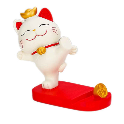 Fortune Cat phone stand featuring white Maneki Neko with red collar and gold bell on base on Tampa Home & Garden Store