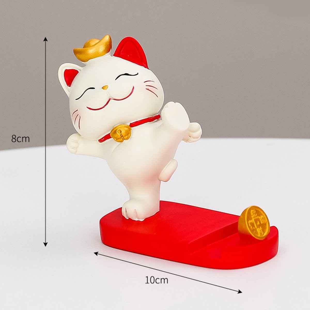 Fortune Cat Phone Stand by Shaketea white Maneki Neko on red base with gold bell and coin on Tampa Home & Garden Store