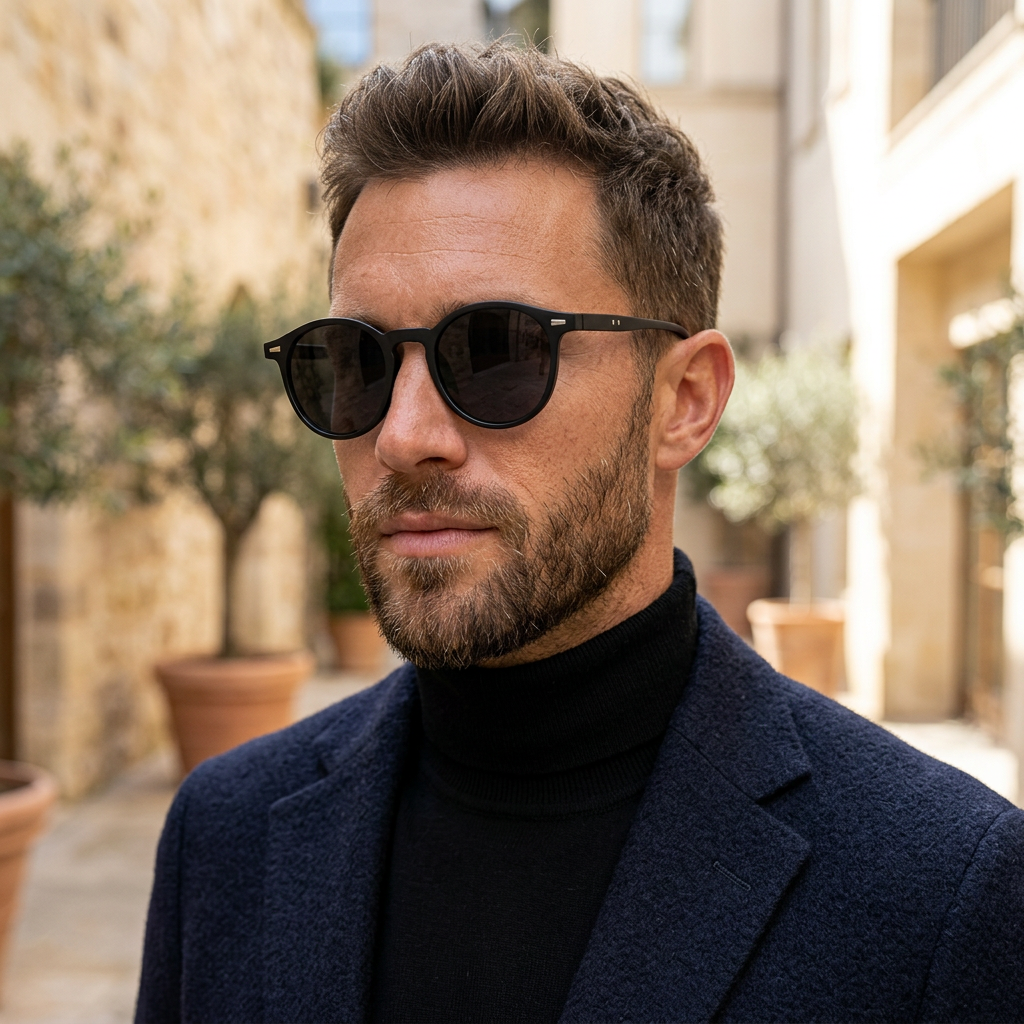 Men's Retro Round Sunglasses, black frame, round dark lenses on Tampa Home & Garden Store