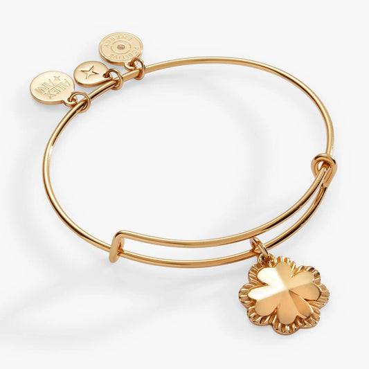 Four-Leaf Clover Charm Bangle Alex and Ani, gold-tone bracelet with round charm discs on Tampa Home & Garden Store