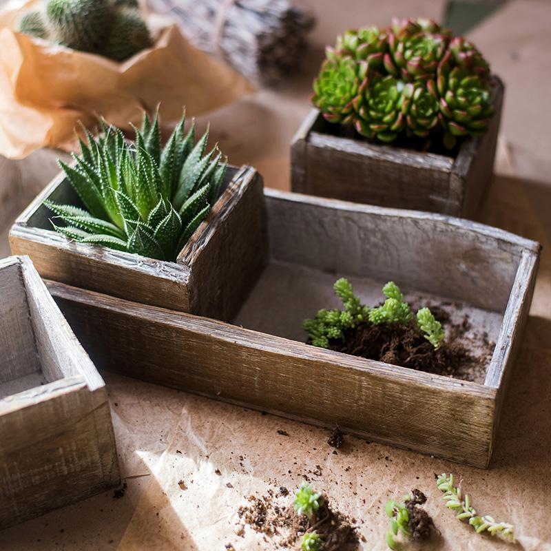 Four Piece Solid Wood Table Box Set by RusticReach; graywashed wooden boxes with succulents on Tampa Home & Garden Store