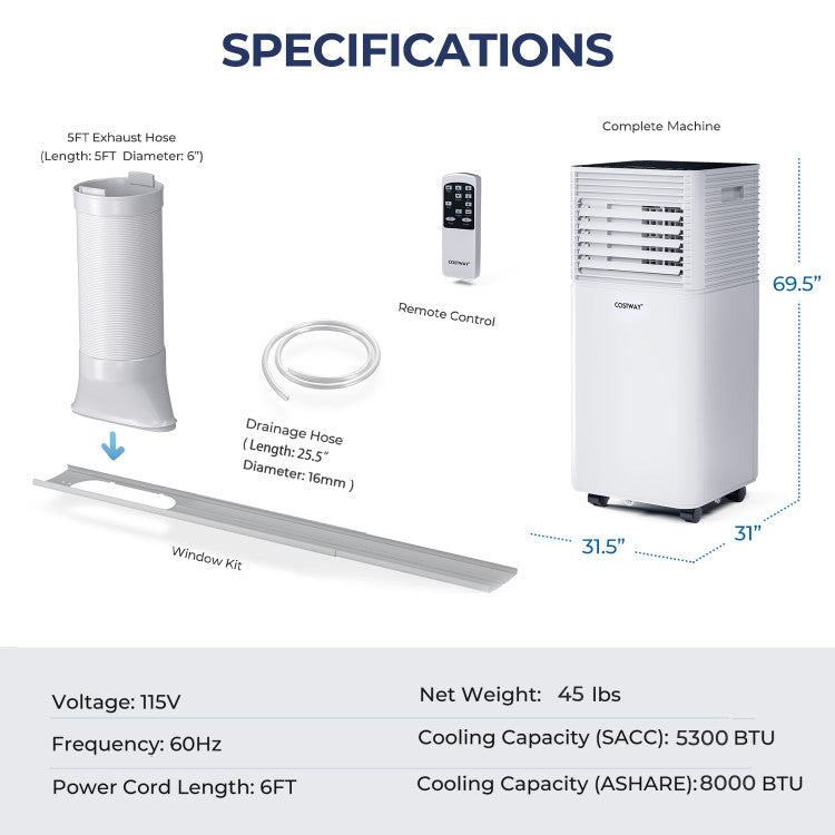 Enfriador de aire de 8000 BTU – 3 en 1 con ventilador